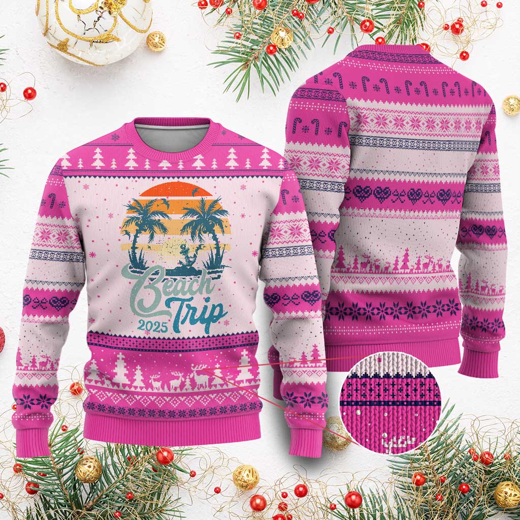 Beach Trip 2025 Ugly Christmas Sweater Summer Vacation Vintage 70's Retro TS10 Hot Pink Print Your Wear