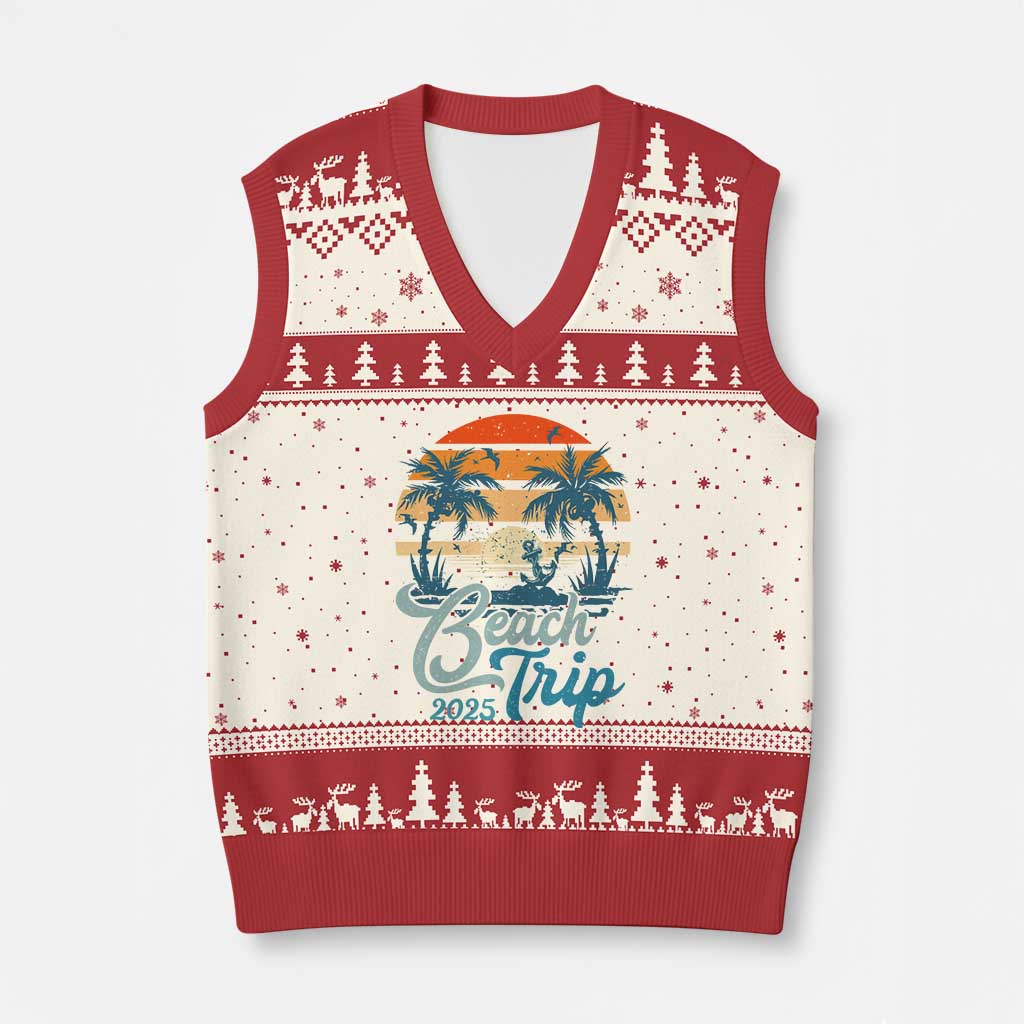 Beach Trip 2025 V-Neck Knit Sweater Vest Summer Vacation Vintage 70's Retro TS10 Beige Red Print Your Wear