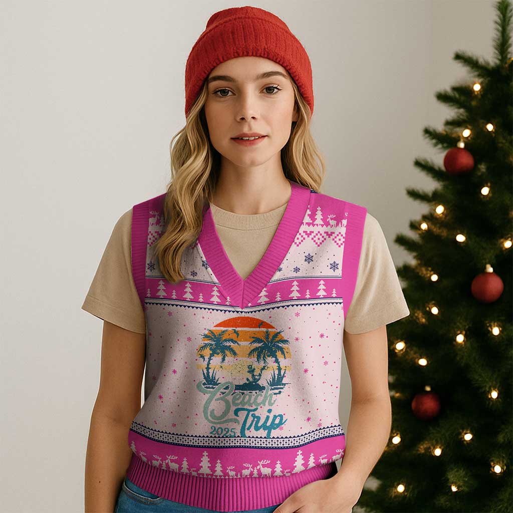 Beach Trip 2025 V-Neck Knit Sweater Vest Summer Vacation Vintage 70's Retro TS10 Hot Pink Print Your Wear