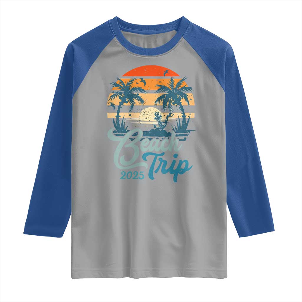 Beach Trip 2025 Raglan Shirt Summer Vacation Vintage 70's Retro TS10 Sport Gray Royal Print Your Wear