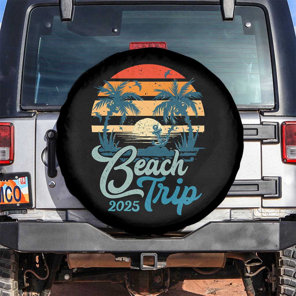 Beach Trip 2025 Spare Tire Cover Summer Vacation Vintage 70's Retro TS10 No hole Black Print Your Wear