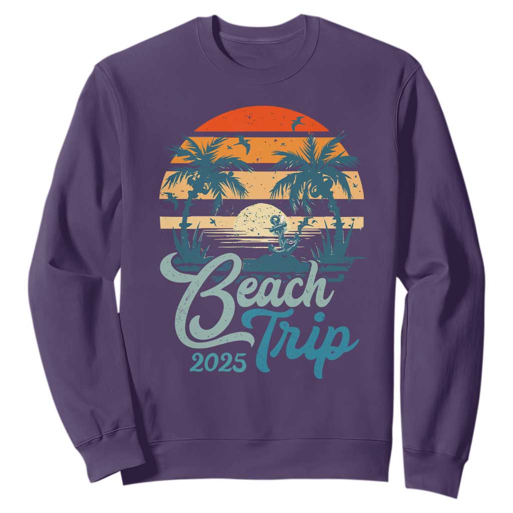 Beach Trip 2025 Sweatshirt Summer Vacation Vintage 70's Retro TS10 Purple Print Your Wear
