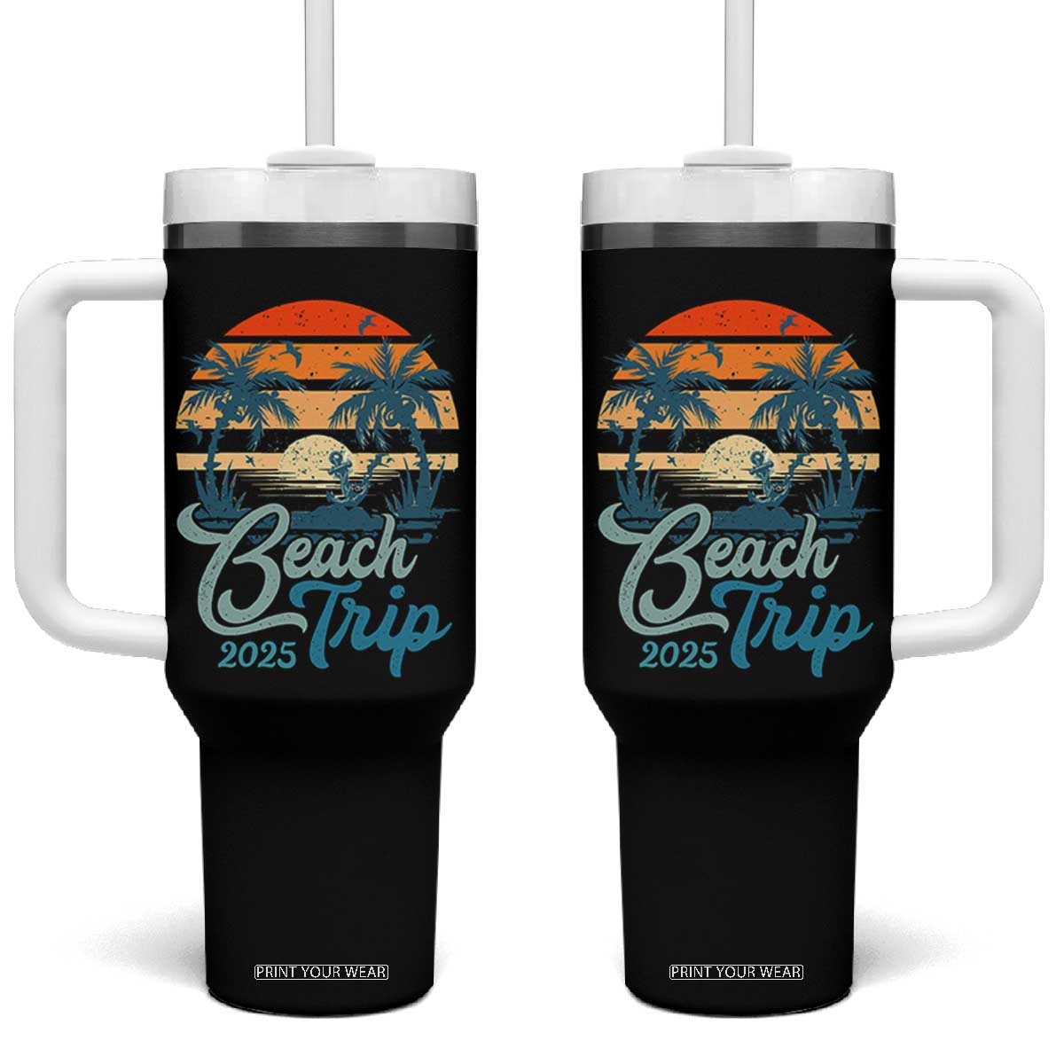 Beach Trip 2025 Tumbler With Handle Summer Vacation Vintage 70's Retro TS10 One Size: 40 oz Black Print Your Wear