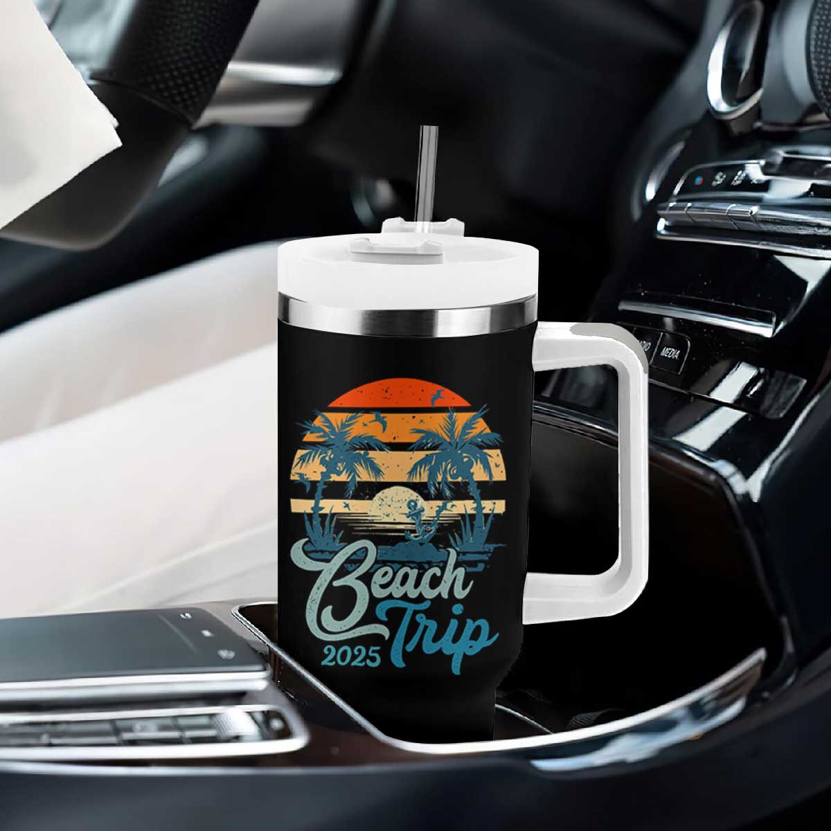Beach Trip 2025 Tumbler With Handle Summer Vacation Vintage 70's Retro TS10 Print Your Wear