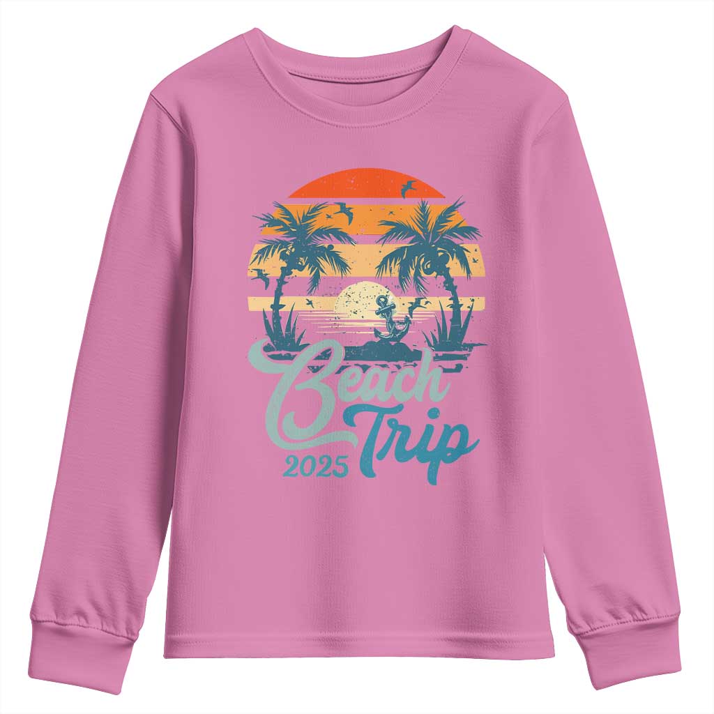 Beach Trip 2025 Youth Sweatshirt Summer Vacation Vintage 70's Retro TS10 Azalea Print Your Wear