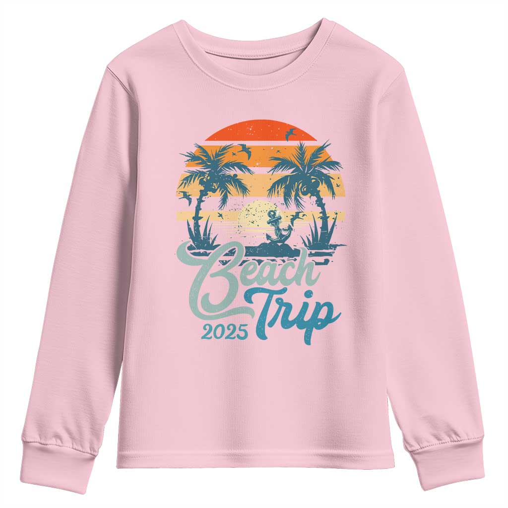 Beach Trip 2025 Youth Sweatshirt Summer Vacation Vintage 70's Retro TS10 Light Pink Print Your Wear