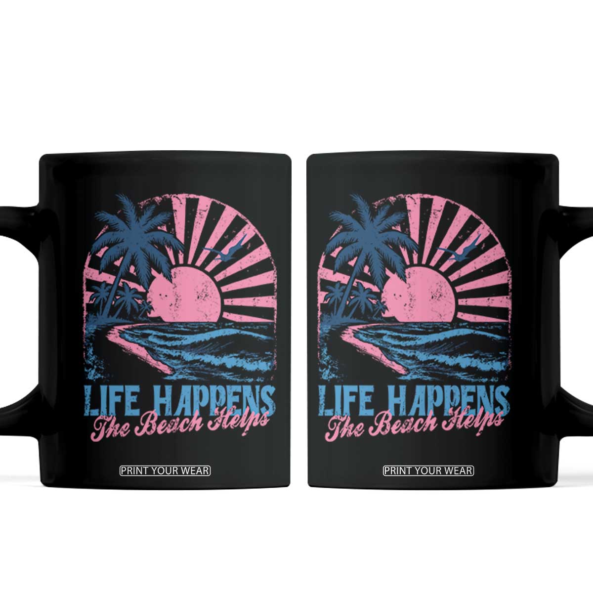 Life Happens The Beach Helps Coffee Mug Retro Coastal Ocean Therapy Cute Summer Vibes TS10 Black Print Your Wear
