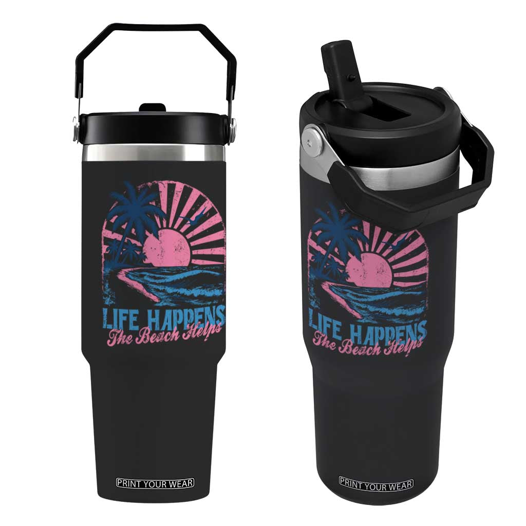 Life Happens The Beach Helps Flip Straw Tumbler Retro Coastal Ocean Therapy Cute Summer Vibes TS10 One Size: 30 oz Black Print Your Wear