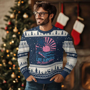 Life Happens The Beach Helps Ugly Christmas Sweater Retro Coastal Ocean Therapy Cute Summer Vibes TS10 Navy Beige Print Your Wear