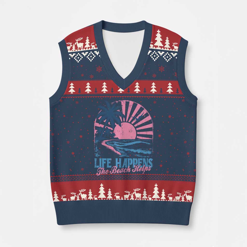 Life Happens The Beach Helps V-Neck Knit Sweater Vest Retro Coastal Ocean Therapy Cute Summer Vibes TS10 Navy Red Print Your Wear