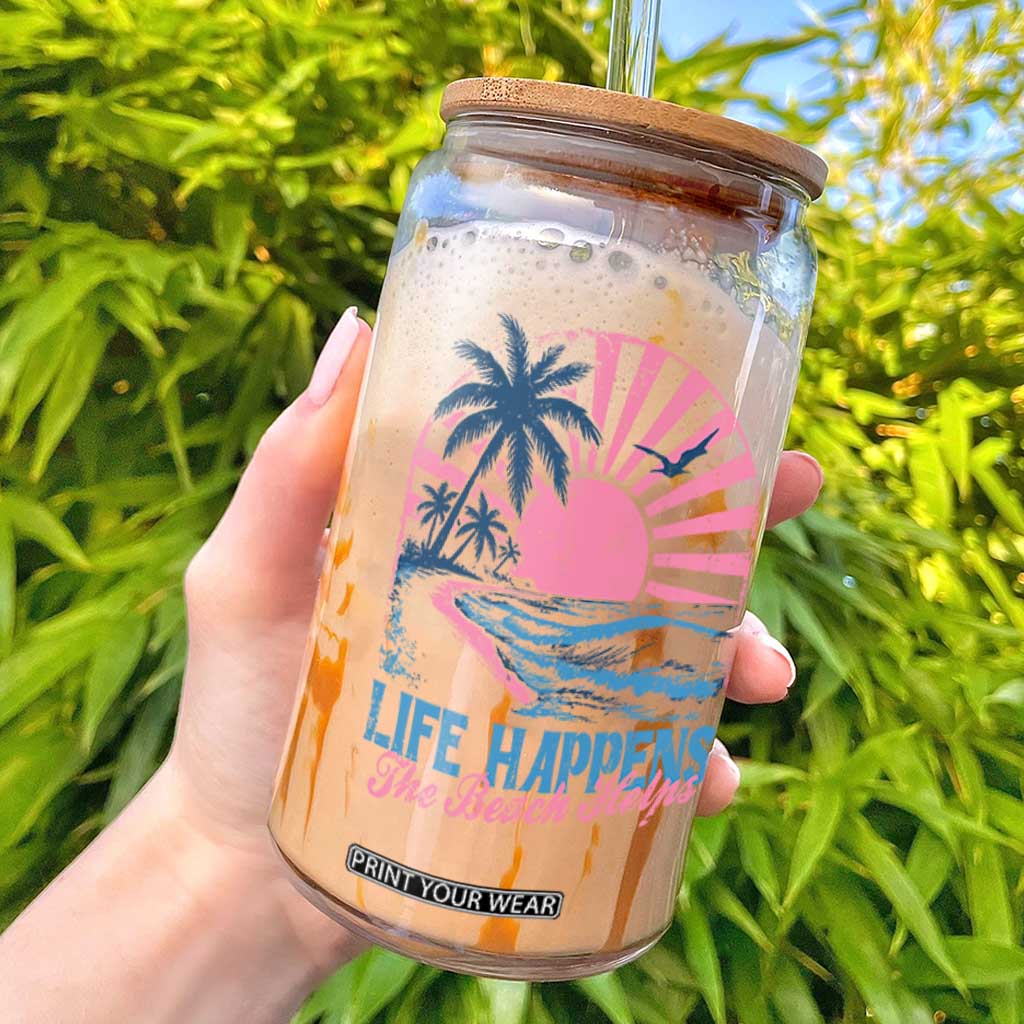 Life Happens The Beach Helps Glass Can Retro Coastal Ocean Therapy Cute Summer Vibes TS10 Black Print Your Wear