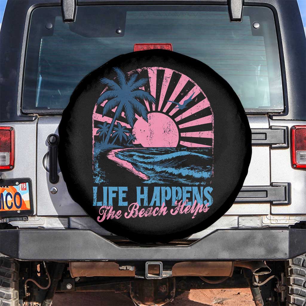 Life Happens The Beach Helps Spare Tire Cover Retro Coastal Ocean Therapy Cute Summer Vibes TS10 No hole Black Print Your Wear