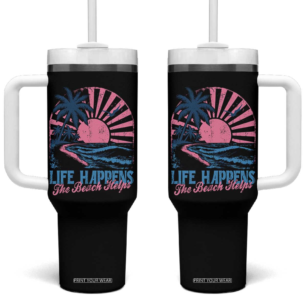 Life Happens The Beach Helps Tumbler With Handle Retro Coastal Ocean Therapy Cute Summer Vibes TS10 One Size: 40 oz Black Print Your Wear