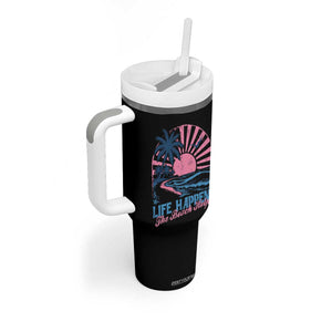 Life Happens The Beach Helps Tumbler With Handle Retro Coastal Ocean Therapy Cute Summer Vibes TS10 Print Your Wear