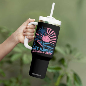 Life Happens The Beach Helps Tumbler With Handle Retro Coastal Ocean Therapy Cute Summer Vibes TS10 Print Your Wear