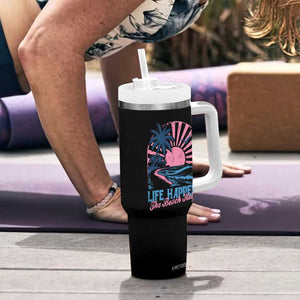 Life Happens The Beach Helps Tumbler With Handle Retro Coastal Ocean Therapy Cute Summer Vibes TS10 Print Your Wear