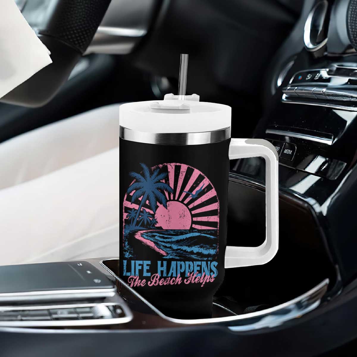 Life Happens The Beach Helps Tumbler With Handle Retro Coastal Ocean Therapy Cute Summer Vibes TS10 Print Your Wear