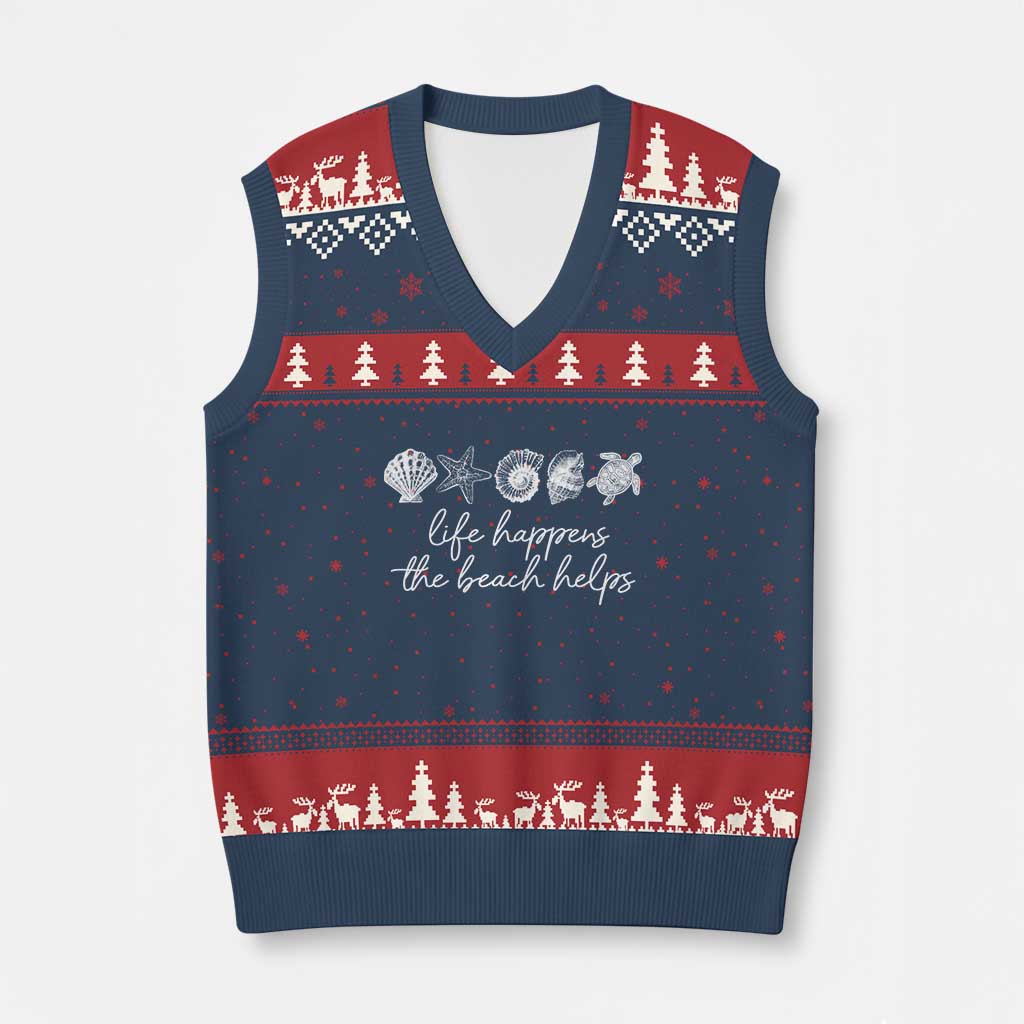 Life Happens The Beach Helps V-Neck Knit Sweater Vest Coastal Ocean Therapy Cute Summer Vibes TS10 Navy Red Print Your Wear