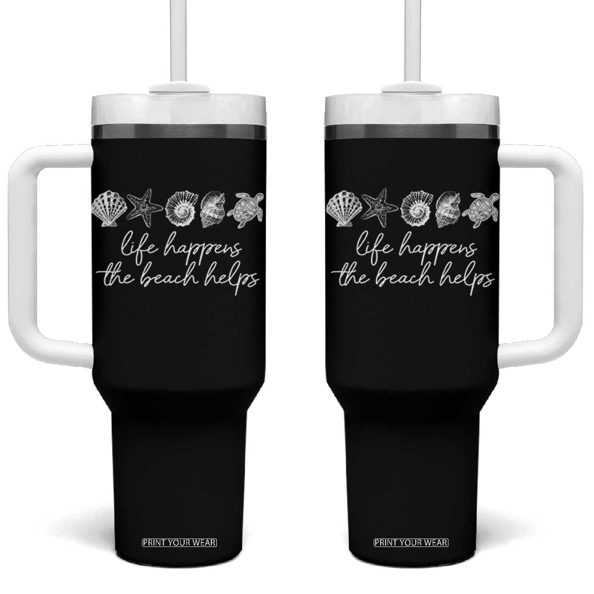 Life Happens The Beach Helps Tumbler With Handle Coastal Ocean Therapy Cute Summer Vibes TS10 One Size: 40 oz Black Print Your Wear