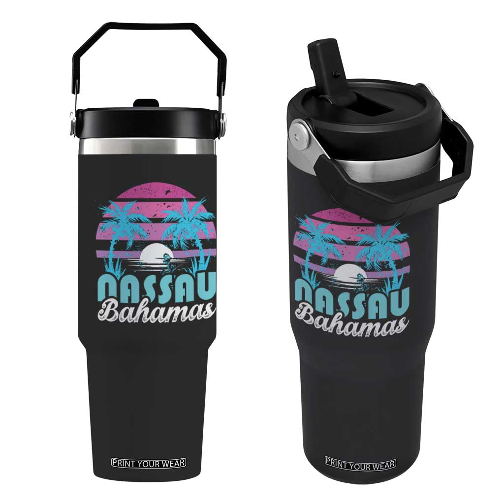 Vintage Nassau Flip Straw Tumbler Tropical Island Palm Trees Beach Bahamas Vacation TS10 One Size: 30 oz Black Print Your Wear
