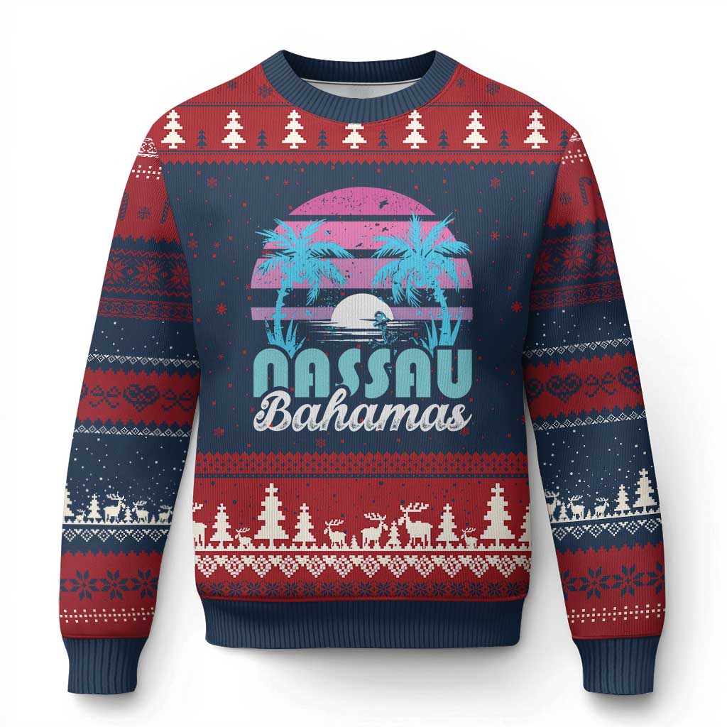 Vintage Nassau Ugly Christmas Sweater Tropical Island Palm Trees Beach Bahamas Vacation TS10 Navy Red Print Your Wear