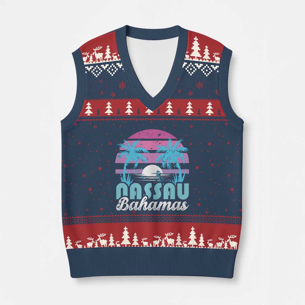 Vintage Nassau V-Neck Knit Sweater Vest Tropical Island Palm Trees Beach Bahamas Vacation TS10 Navy Red Print Your Wear