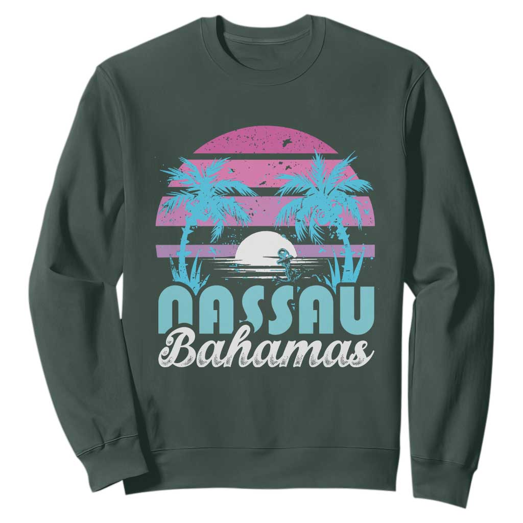 Vintage Nassau Sweatshirt Tropical Island Palm Trees Beach Bahamas Vacation TS10 Dark Forest Green Print Your Wear