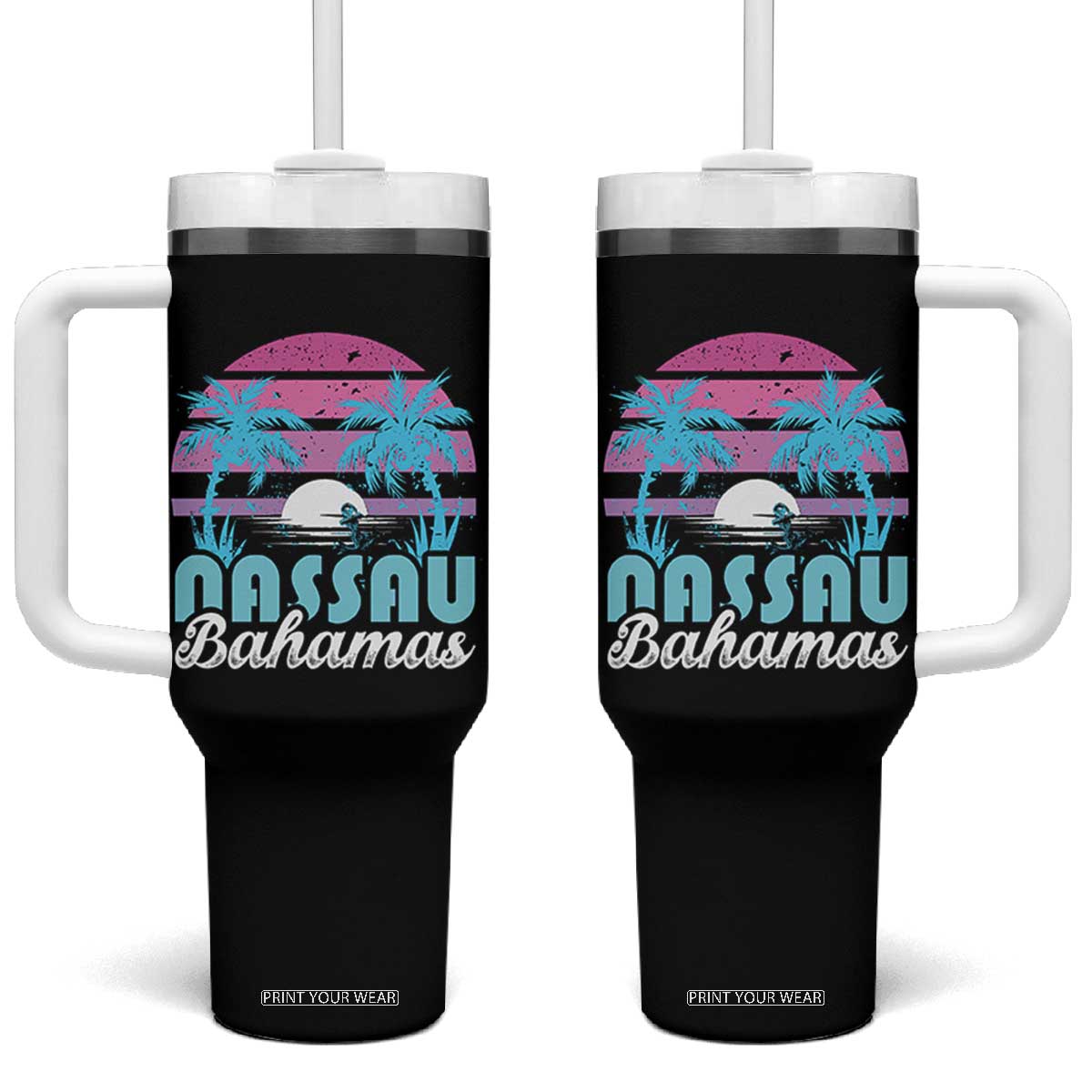 Vintage Nassau Tumbler With Handle Tropical Island Palm Trees Beach Bahamas Vacation TS10 One Size: 40 oz Black Print Your Wear