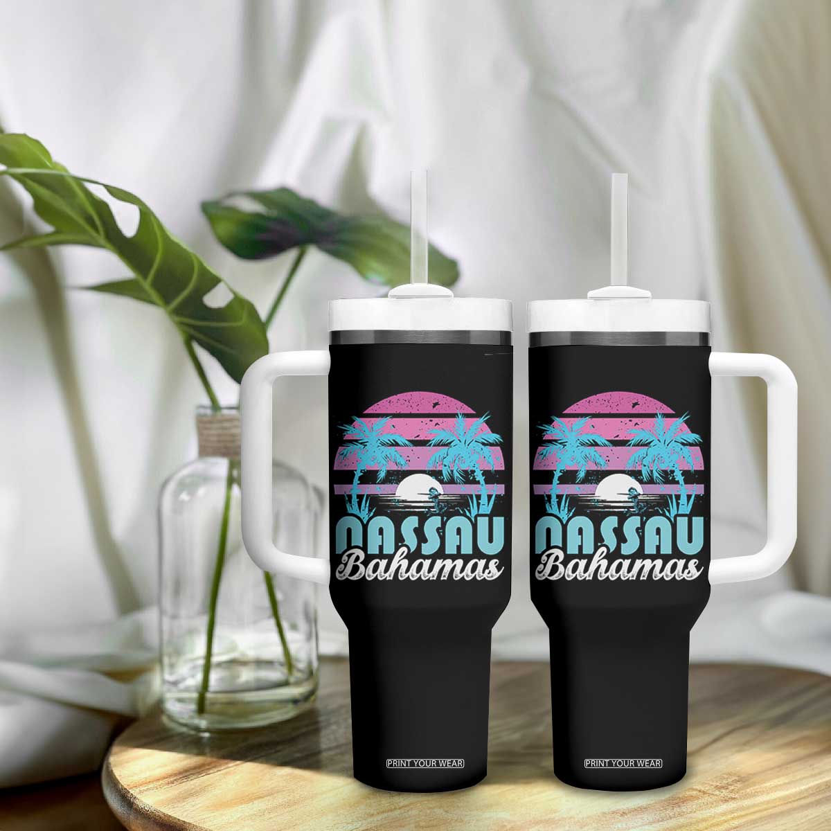 Vintage Nassau Tumbler With Handle Tropical Island Palm Trees Beach Bahamas Vacation TS10 Print Your Wear