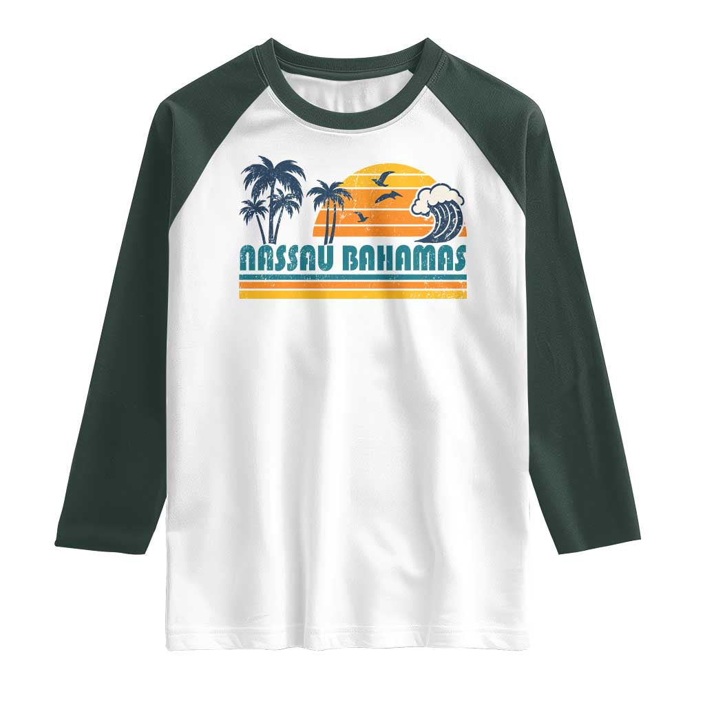 Vintage Nassau Raglan Shirt Bahamas Vacation Beach Summer Retro Sunset TS10 White Dark Forest Green Print Your Wear