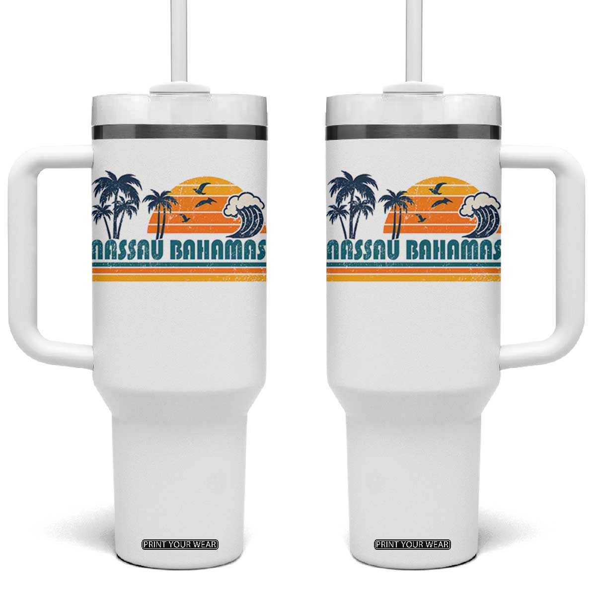 Vintage Nassau Tumbler With Handle Bahamas Vacation Beach Summer Retro Sunset TS10 One Size: 40 oz White Print Your Wear