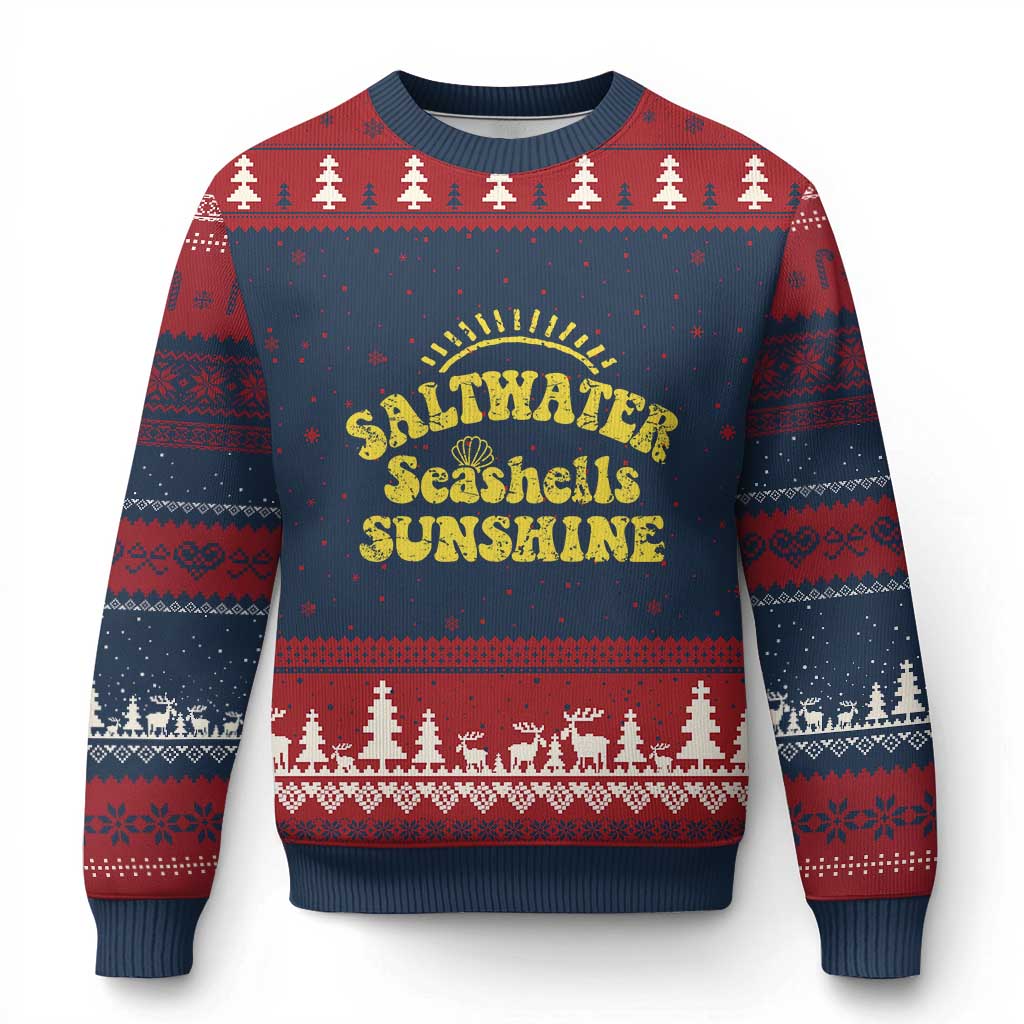 Saltwater Seashells Sunshine Ugly Christmas Sweater Beach Summer Vacation Vintage 70's Retro TS10 Navy Red Print Your Wear