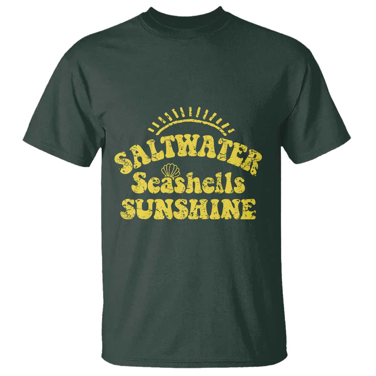 Saltwater Seashells Sunshine T Shirt Beach Summer Vacation Vintage 70's Retro TS10 Dark Forest Green Print Your Wear