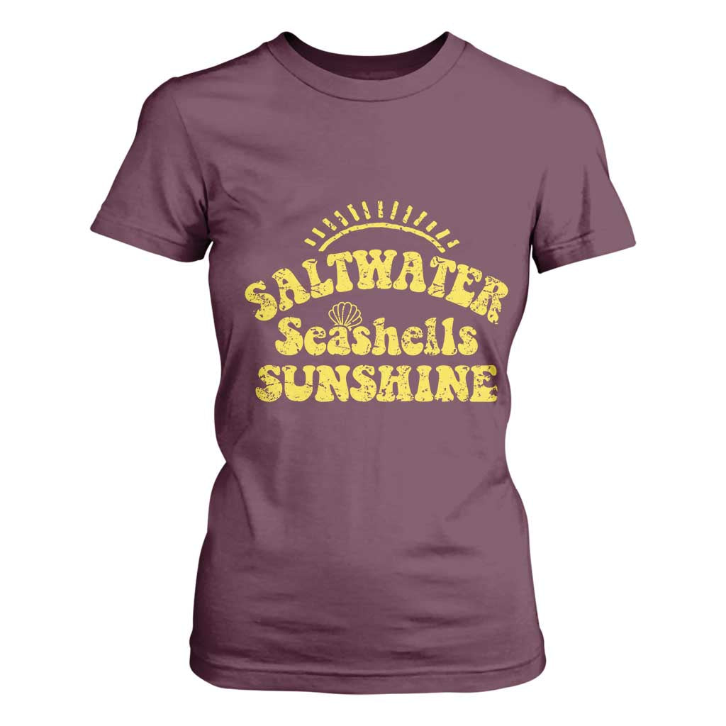 Saltwater Seashells Sunshine T Shirt For Women Beach Summer Vacation Vintage 70's Retro TS10 Maroon Print Your Wear