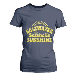 Saltwater Seashells Sunshine T Shirt For Women Beach Summer Vacation Vintage 70's Retro TS10 Navy Print Your Wear