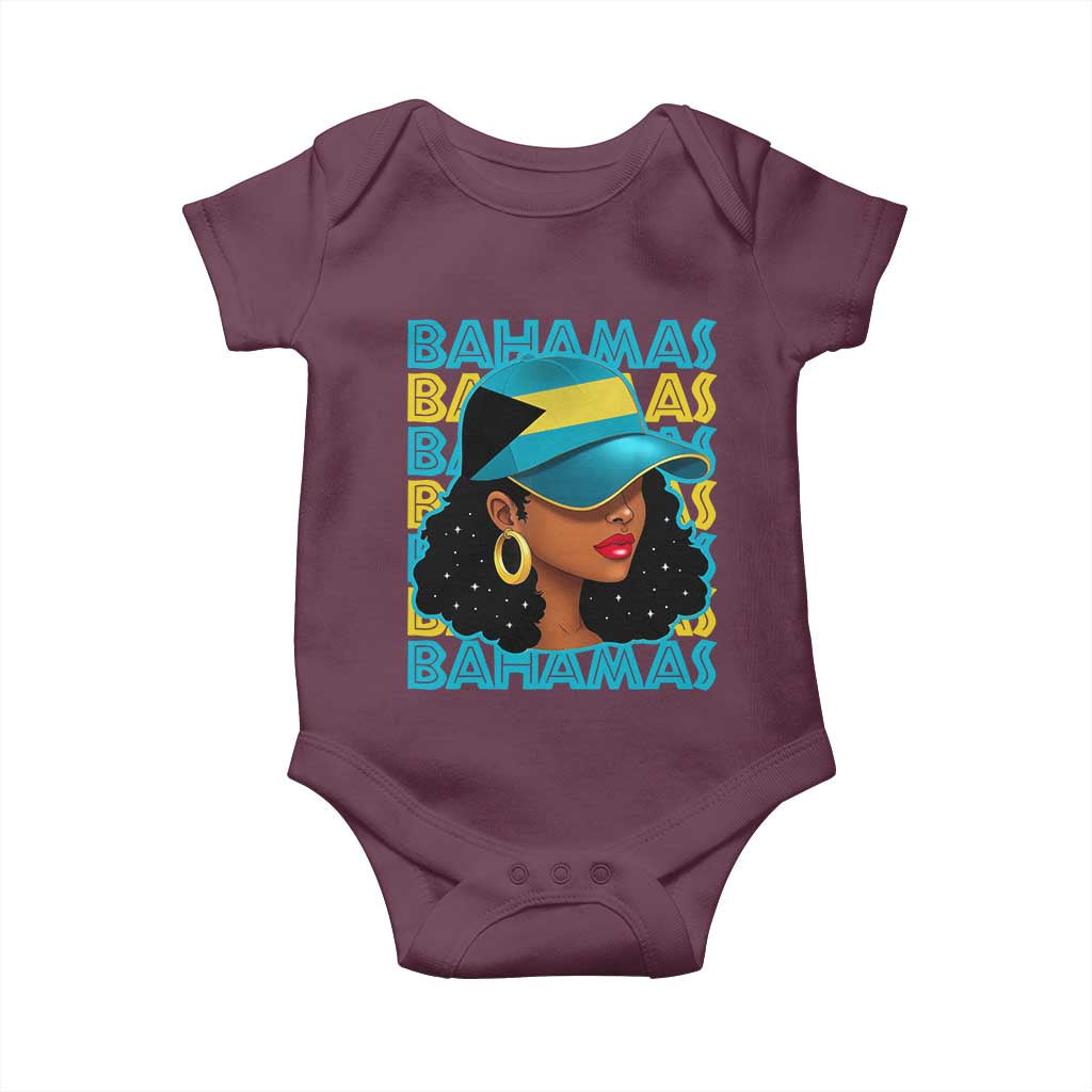 Bahamian Girl Baby Onesie Melanin Afro Messy Bun Black Woman Bahamas Flag TS10 Maroon Print Your Wear