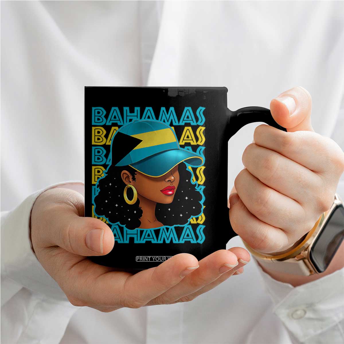 Bahamian Girl Coffee Mug Melanin Afro Messy Bun Black Woman Bahamas Flag TS10 Print Your Wear