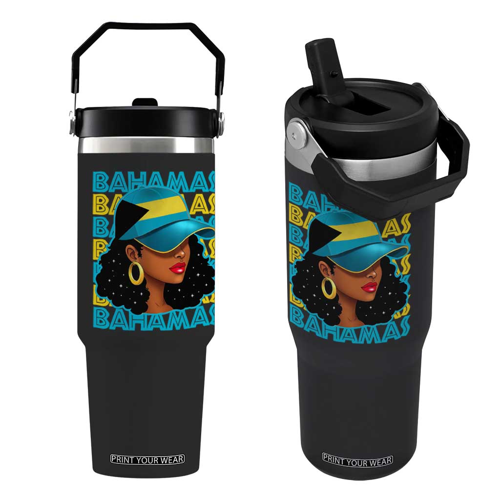 Bahamian Girl Flip Straw Tumbler Melanin Afro Messy Bun Black Woman Bahamas Flag TS10 One Size: 30 oz Black Print Your Wear