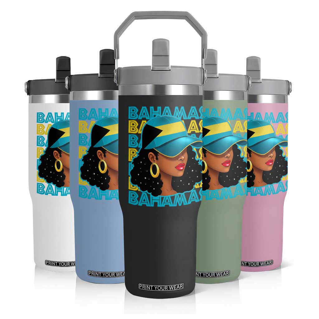 Bahamian Girl Flip Straw Tumbler Melanin Afro Messy Bun Black Woman Bahamas Flag TS10 Print Your Wear