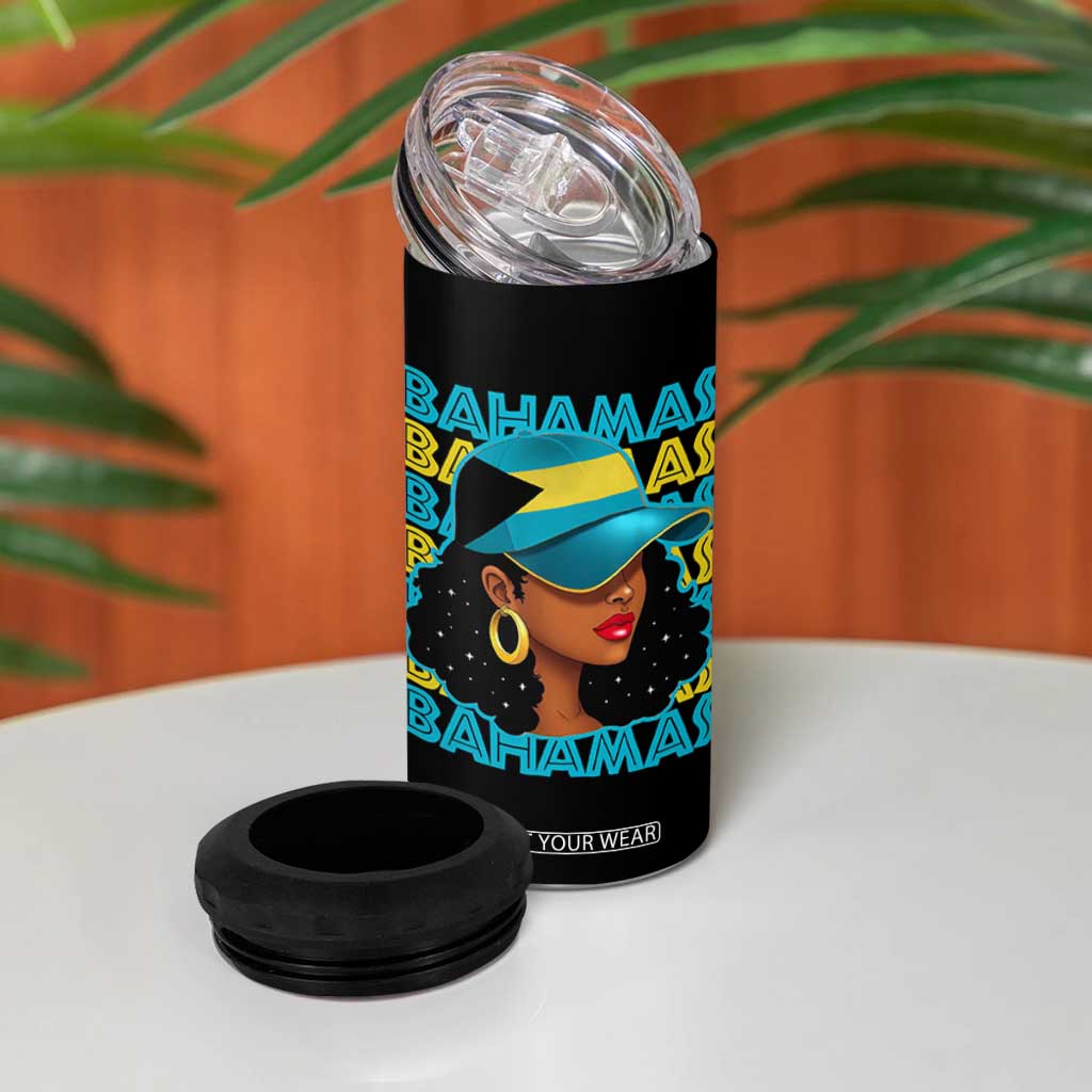 Bahamian Girl 4 in 1 Can Cooler Tumbler Melanin Afro Messy Bun Black Woman Bahamas Flag TS10 Print Your Wear