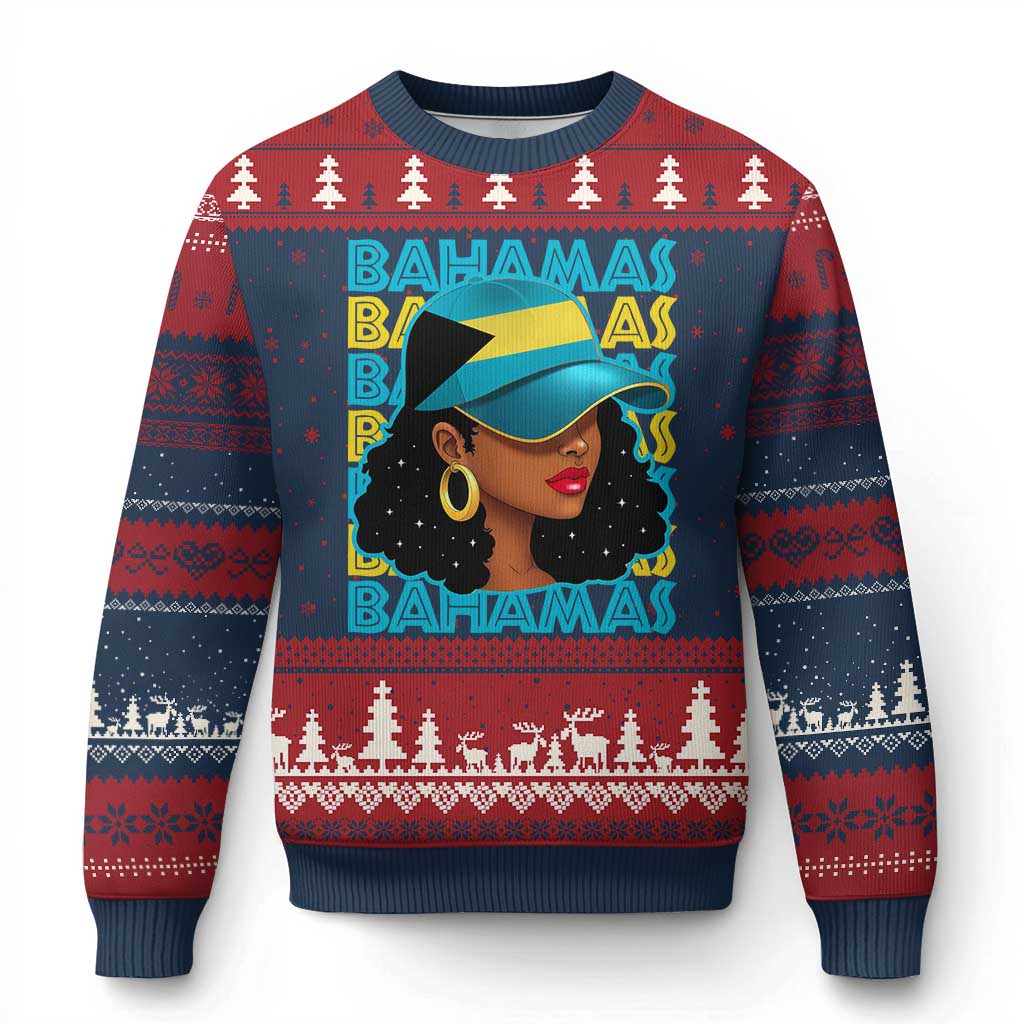Bahamian Girl Ugly Christmas Sweater Melanin Afro Messy Bun Black Woman Bahamas Flag TS10 Navy Red Print Your Wear
