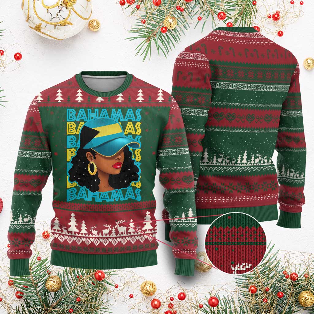 Bahamian Girl Ugly Christmas Sweater Melanin Afro Messy Bun Black Woman Bahamas Flag TS10 Red Green Print Your Wear