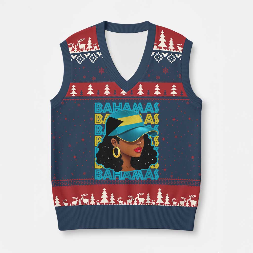 Bahamian Girl V-Neck Knit Sweater Vest Melanin Afro Messy Bun Black Woman Bahamas Flag TS10 Navy Red Print Your Wear
