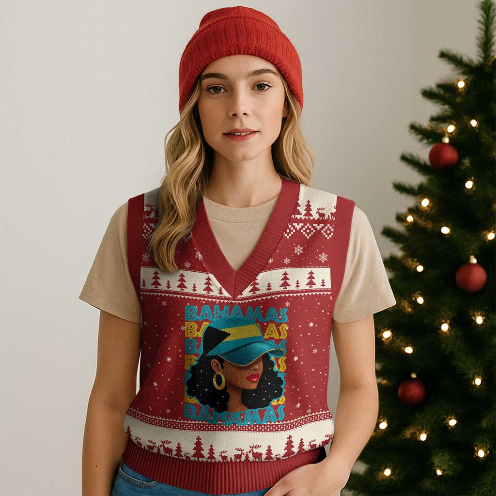 Bahamian Girl V-Neck Knit Sweater Vest Melanin Afro Messy Bun Black Woman Bahamas Flag TS10 Red Beige Print Your Wear
