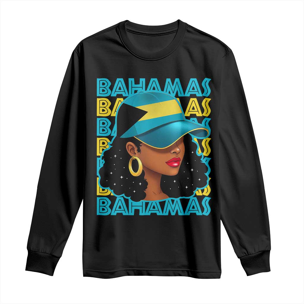 Bahamian Girl Long Sleeve Shirt Melanin Afro Messy Bun Black Woman Bahamas Flag TS10 Black Print Your Wear