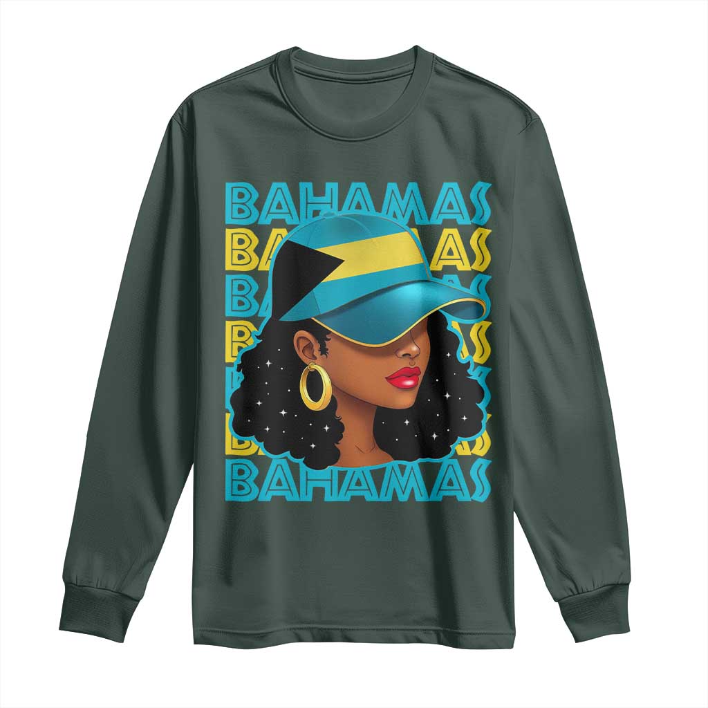 Bahamian Girl Long Sleeve Shirt Melanin Afro Messy Bun Black Woman Bahamas Flag TS10 Dark Forest Green Print Your Wear