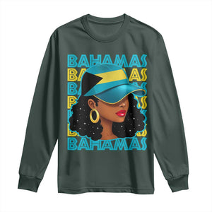 Bahamian Girl Long Sleeve Shirt Melanin Afro Messy Bun Black Woman Bahamas Flag TS10 Dark Forest Green Print Your Wear
