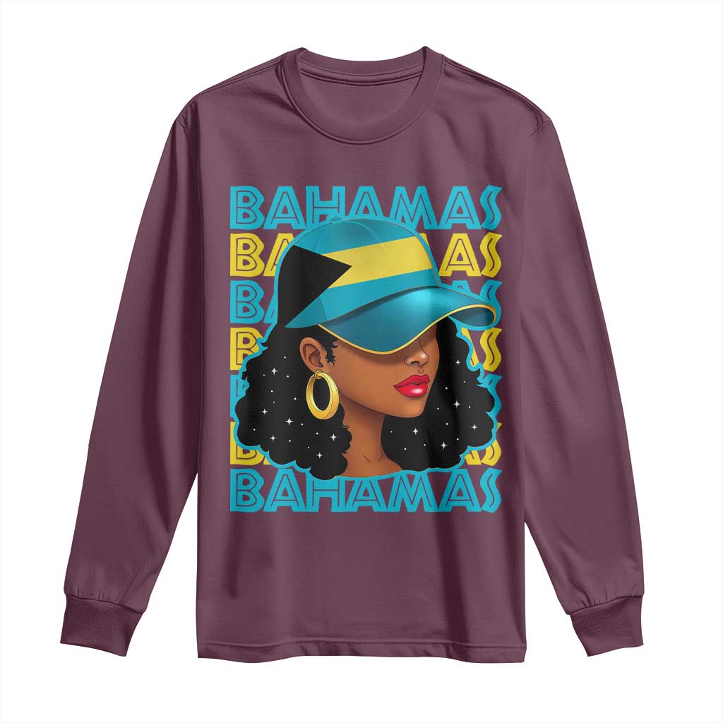 Bahamian Girl Long Sleeve Shirt Melanin Afro Messy Bun Black Woman Bahamas Flag TS10 Maroon Print Your Wear