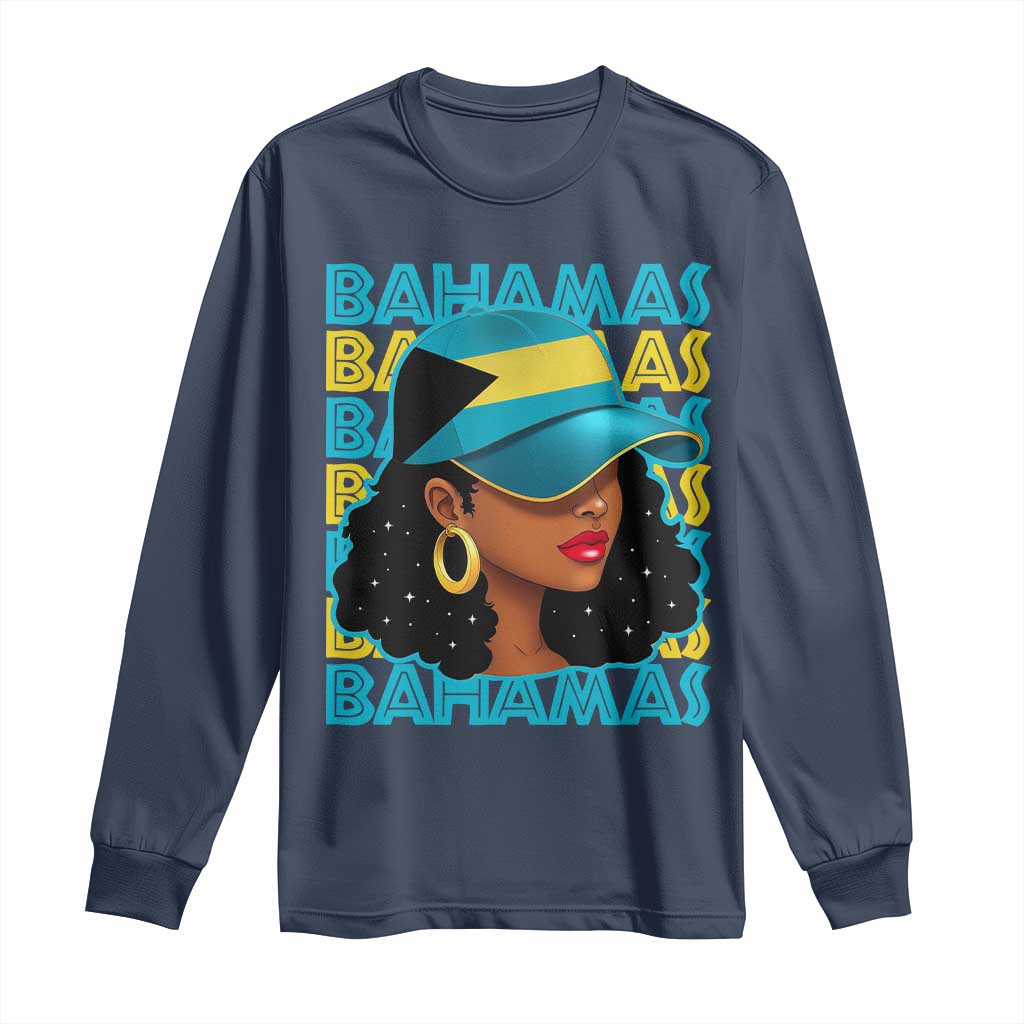 Bahamian Girl Long Sleeve Shirt Melanin Afro Messy Bun Black Woman Bahamas Flag TS10 Navy Print Your Wear