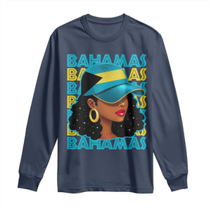 Bahamian Girl Long Sleeve Shirt Melanin Afro Messy Bun Black Woman Bahamas Flag TS10 Navy Print Your Wear